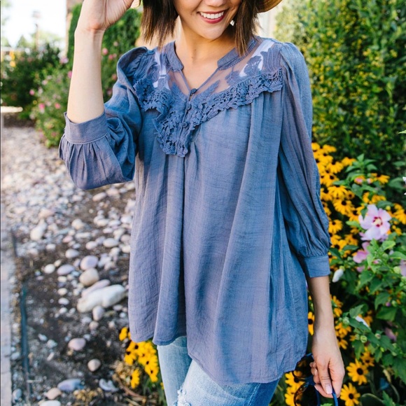 Lace Delight Blouse In Steel Grey - Picture 2 of 5
